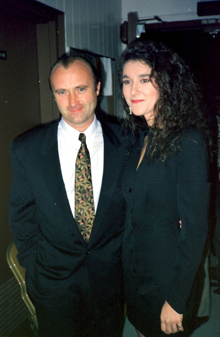 Celine Dion and Phil Collins. (Photo by Pool 6500/PONOPRESSE/Gamma-Rapho via Getty Images)