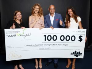 Dre Lyne Desnoyers, une des fondatrices de la Chaire, est en compagnie de Céline Dion, Jacques Aubé, vice-président exécutif et chef de l’exploitation, evenko, et Melissa Giampaolo, directrice vente de billets evenko. (Photo: Photo Olivier Samson-Arcand, OSA IMAGES)