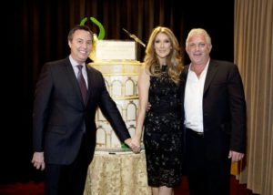 H.C. Rowe, of AEG and executive director of The Colosseum; Céline Dion; and John Meglen, AEG president and co-CEO, celebrate the 10th anniversary of The Colosseum at Caesars Palace on Saturday, March 16, 2013. (© Denise Truscello/WireImage/DeniseTruscello.net)